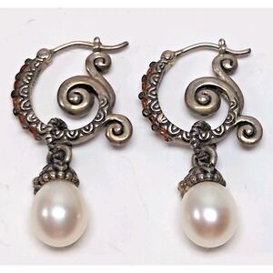 Barbara Bixby 925 Sterling Silver/18K Gold Pearl Drop Hoop Earrings with Citrine